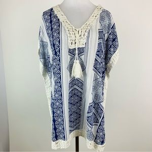 Chico’s Blue White Crochet Trim Pullover Tunic Top Poncho L/XL